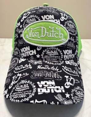 RARE- Von Dutch Black Graffiti & Lime Logo Print Trucker Hat NWOT-MSRP $89